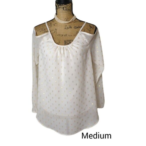 Women's Cold Shoulder Blouse Crochet Lace Gold Detail Layer Chiffon Top M - Picture 1 of 6